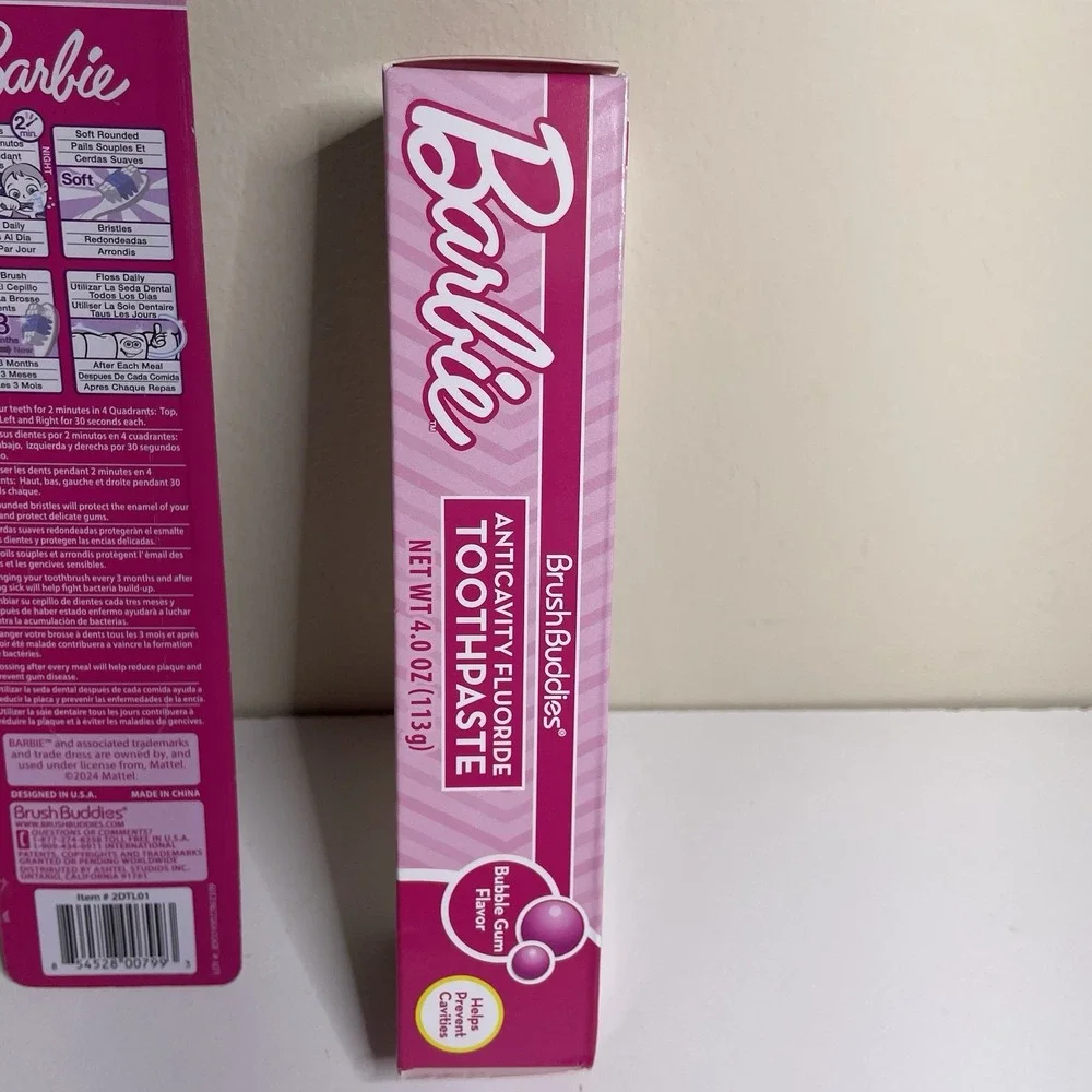 Brush Buddies Barbie 2 Pack Toothbrushes And Toothpaste‎ Set Bubble Gum Flavor
